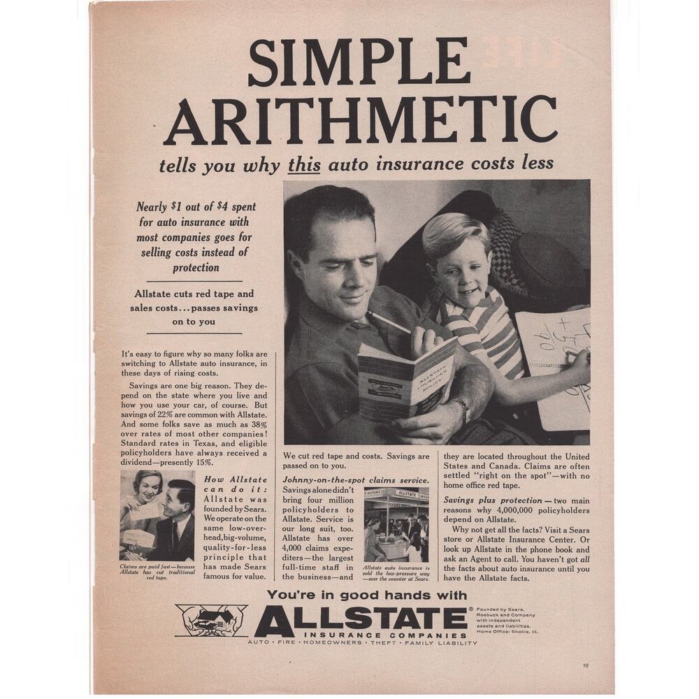 Allstate Auto Insurance Magazine Advertisement 1958 Vintage Arithmetic Family